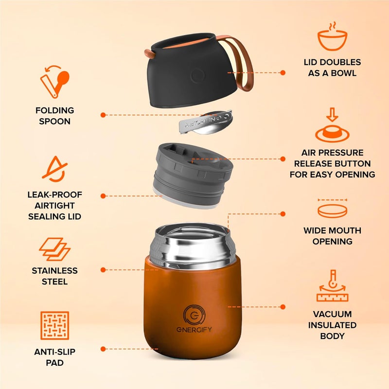 ENERGIFY Vacuum Insulated Food Jar. Large 17oz Bowl incl Folding Spoon, Cup. Wide Mouth Keep Hot & Cold Drinks Soup Lunch Container for Adults BPA-Free Stainless Steel, Leak Prooff Spiced copper - Image 2